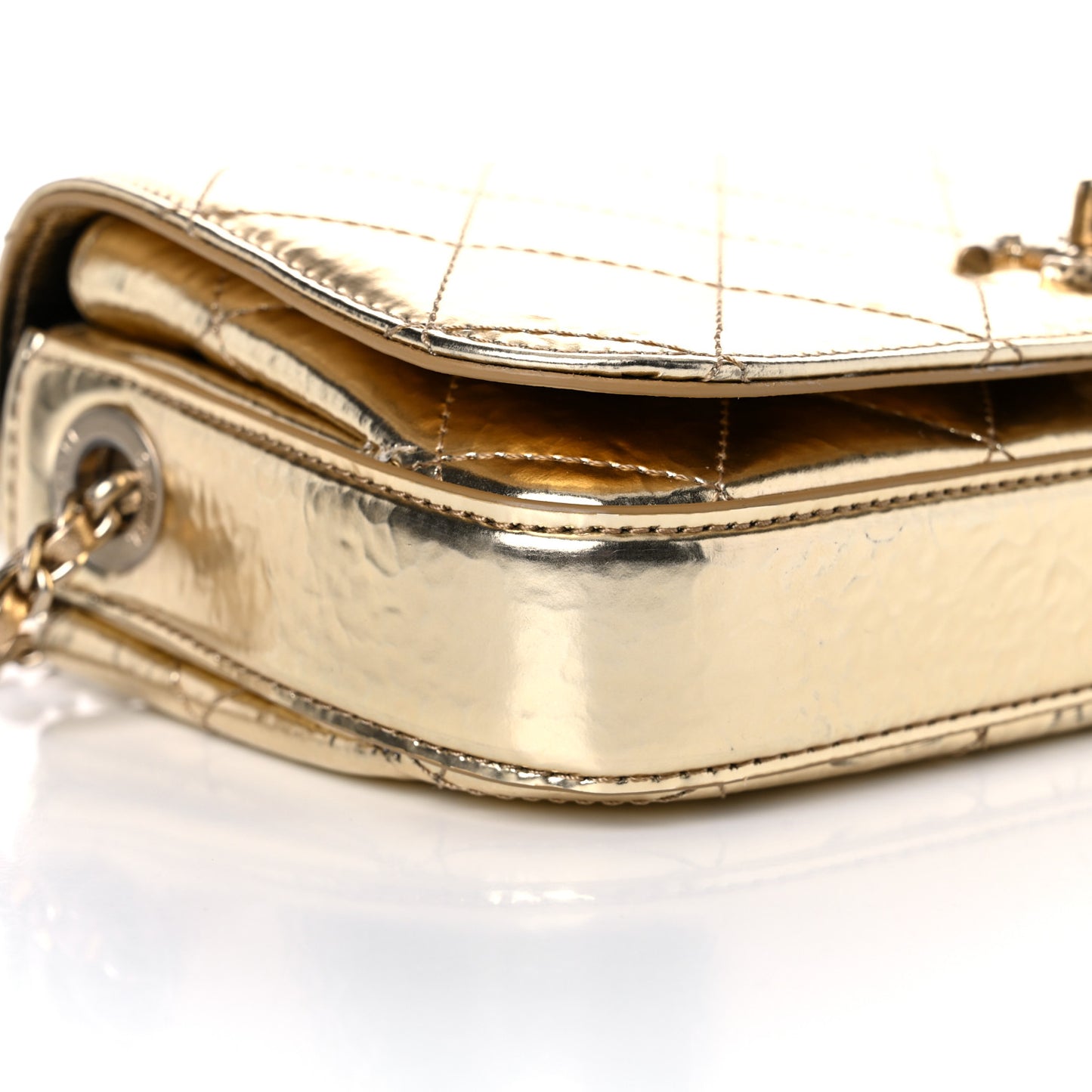 Hammered Metallic Calfskin Quilted Flap Gold
