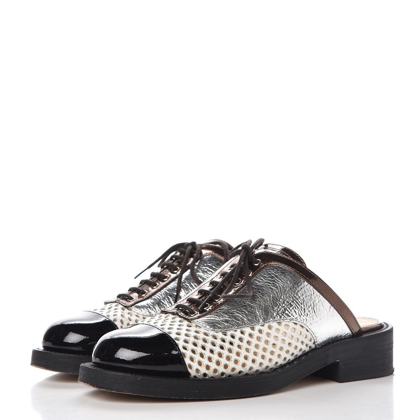 Lambskin Perforated Cap Toe Lace Up Mules 36 Silver Black