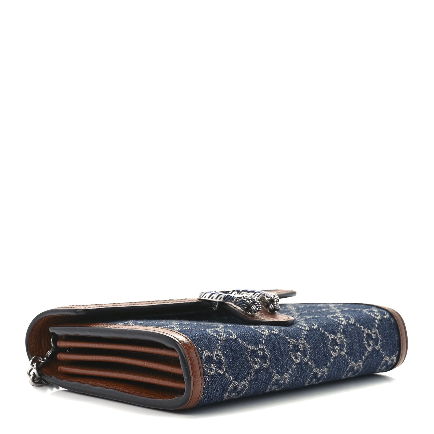 New Denim GG Monogram Dollar Calfskin Enamel Mini Dionysus Chain Wallet Blue Tea Cuir Epilog Electric Blue