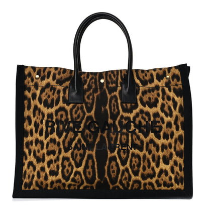 Saint Laurent Canvas Calfskin Leopard Print Rive Gauche Noe Tote Natural Black 1 of 13