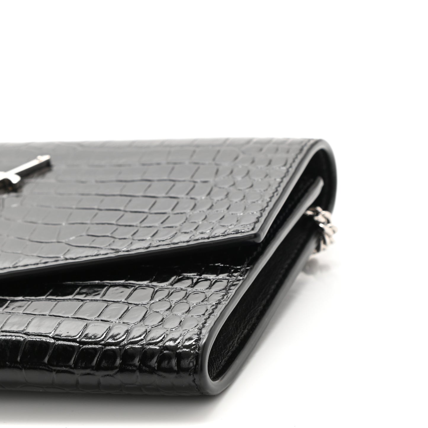 Calfskin Crocodile Embossed Monogram Uptown Chain Wallet Black