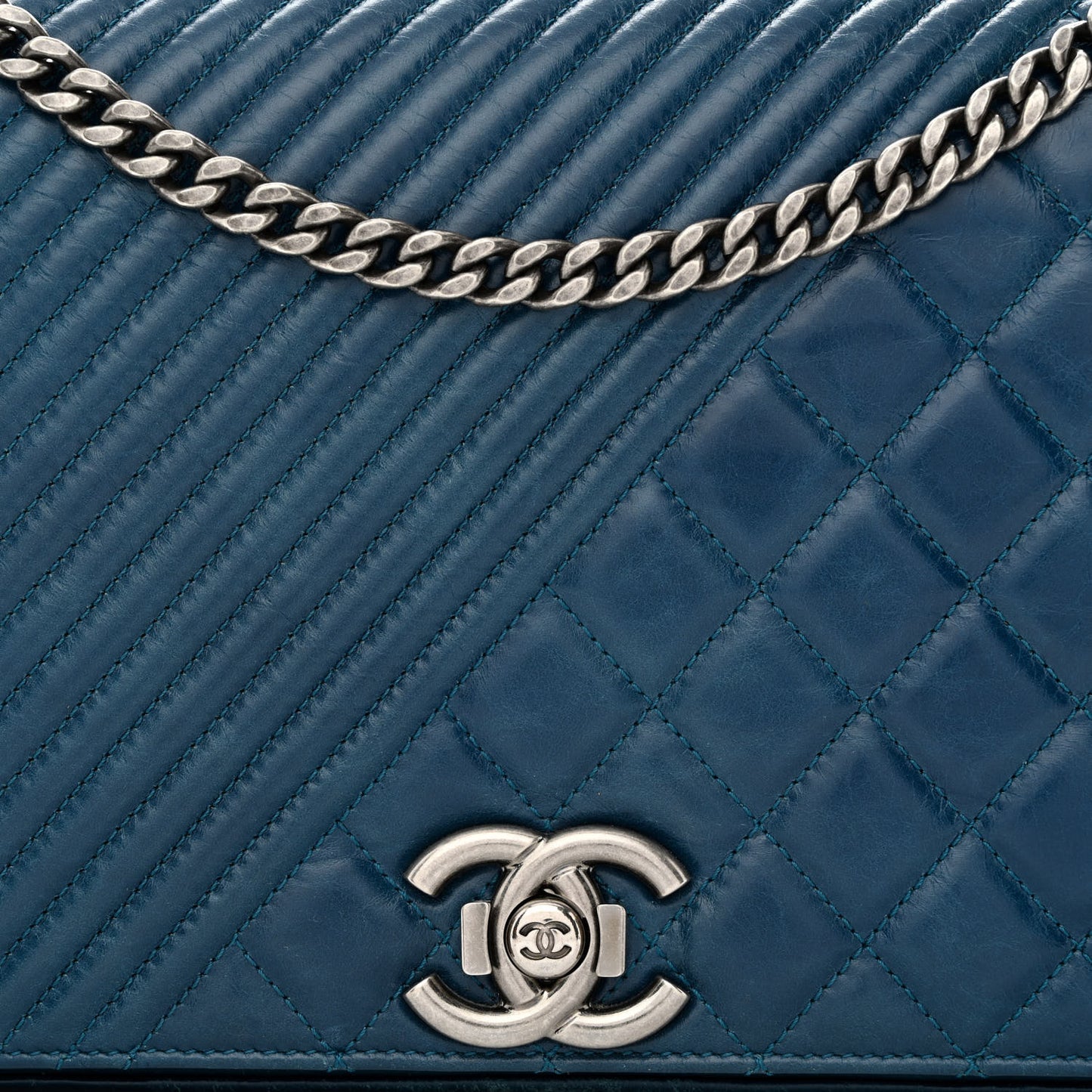 Glazed Calfskin Quilted Large Coco Boy Flap Blue