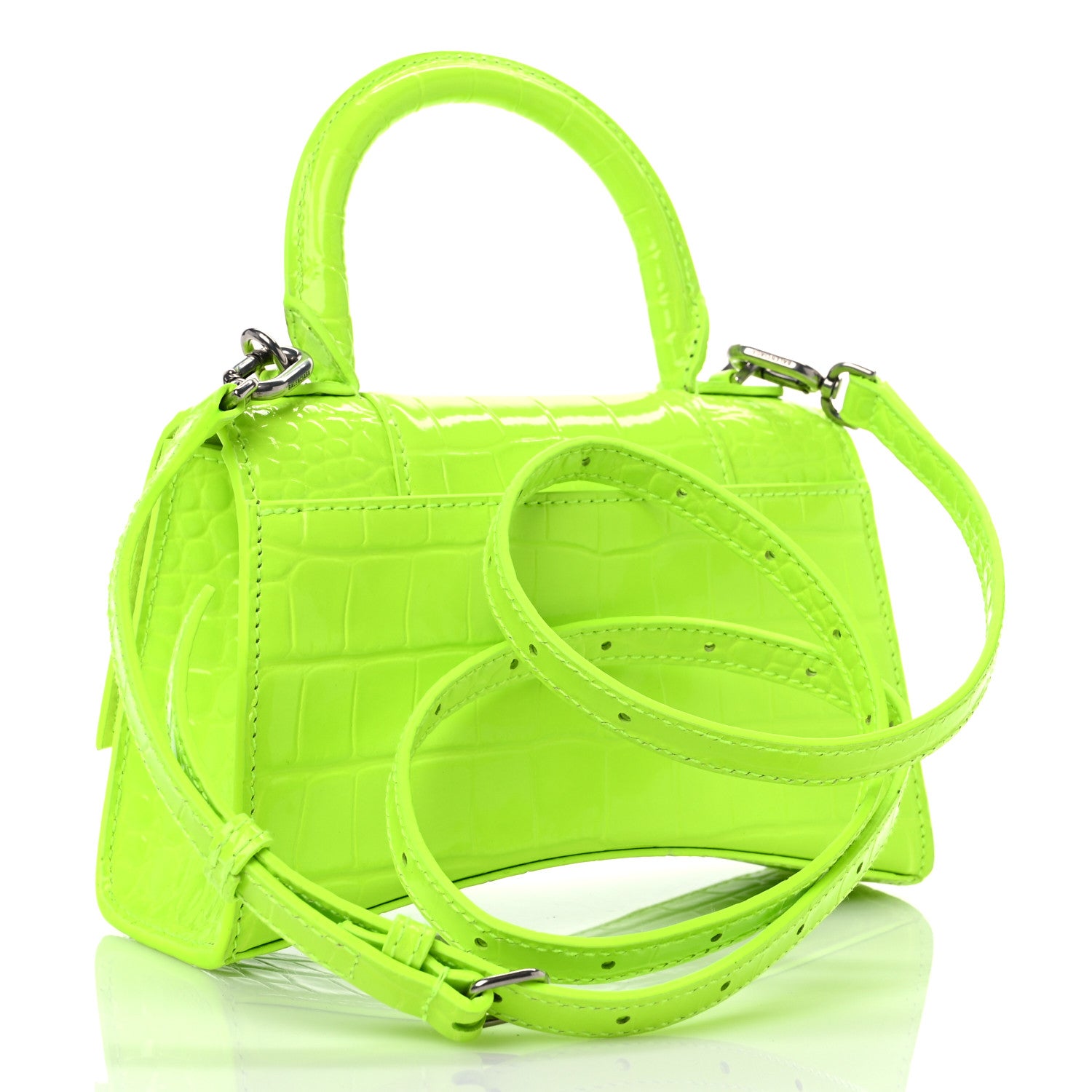 Balenciaga Shiny Calfskin Crocodile Embossed Hourglass Top Handle Bag XS Fluo Yellow 3 of 9