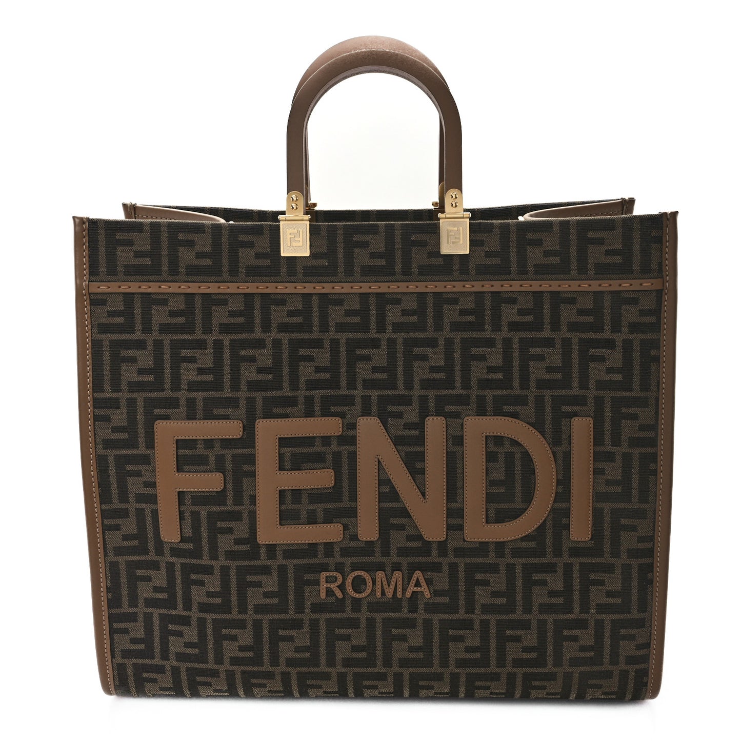 Fabric Jacquard FF 1974 Logo Large Fendi Sunshine Shopper Tote Tobacco Moro Sand