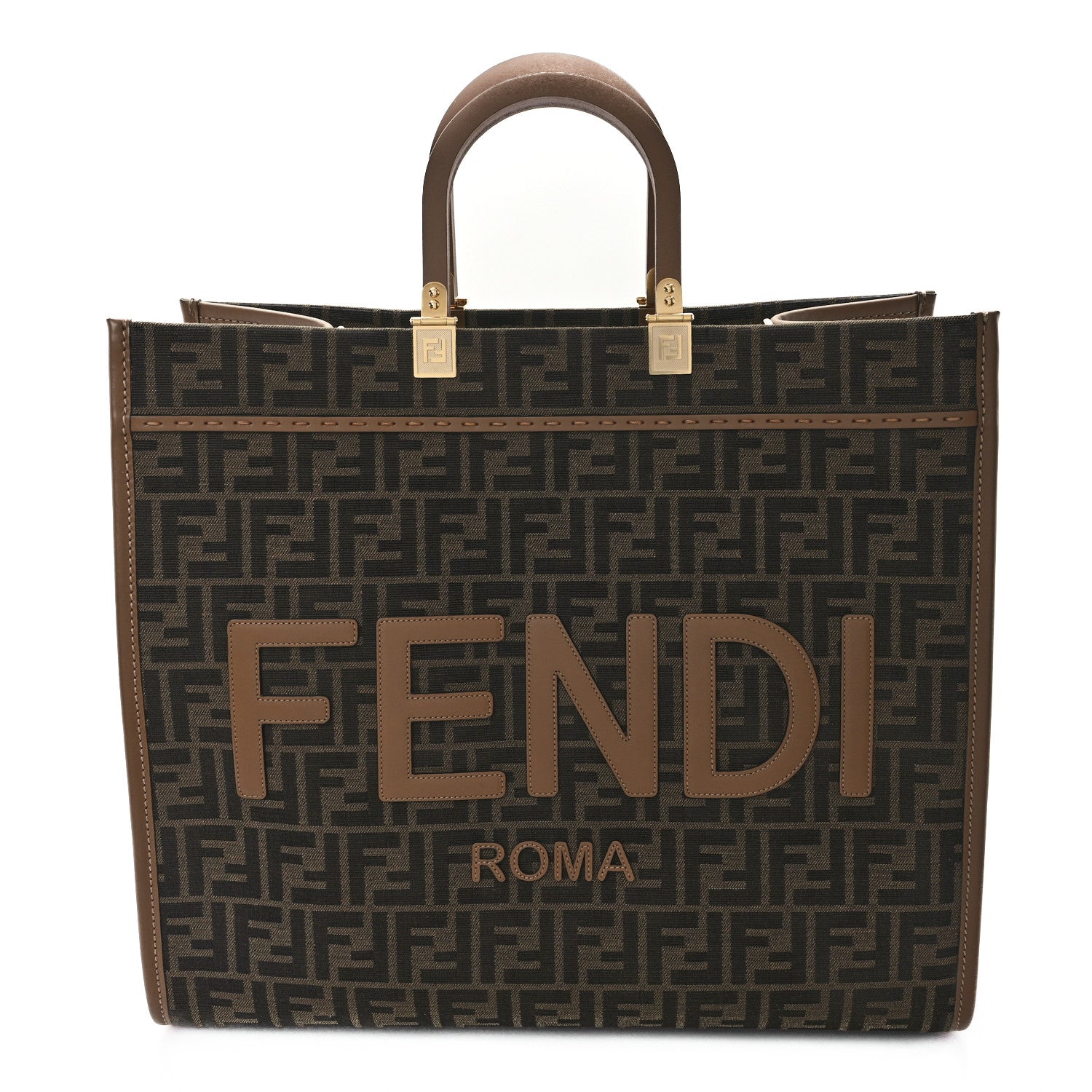 Fendi Fabric Jacquard FF 1974 Logo Large Fendi Sunshine Shopper Tote Tobacco Moro Sand 1 of 10