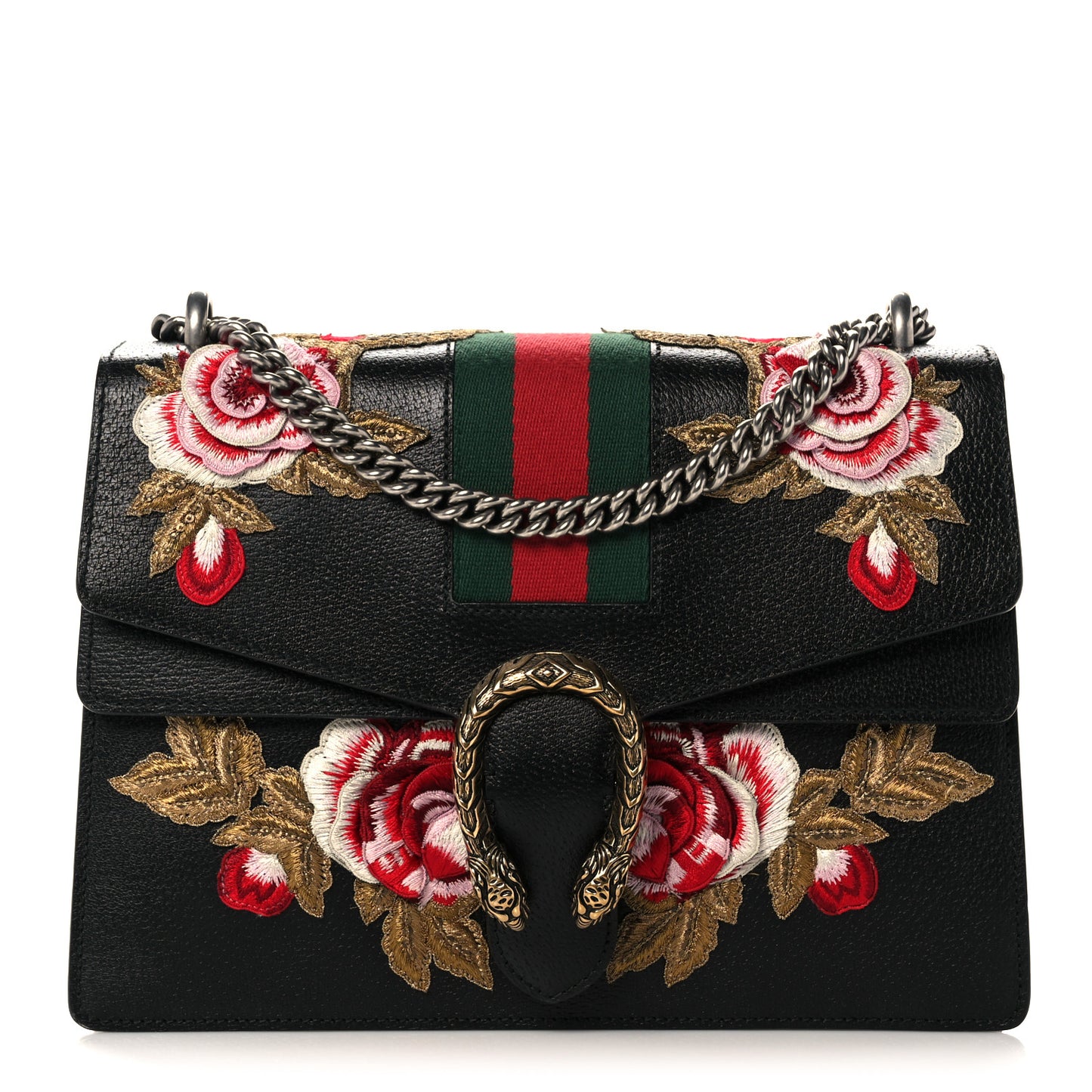 Calfskin Web Floral Embroidered Medium Dionysus Shoulder Bag Black