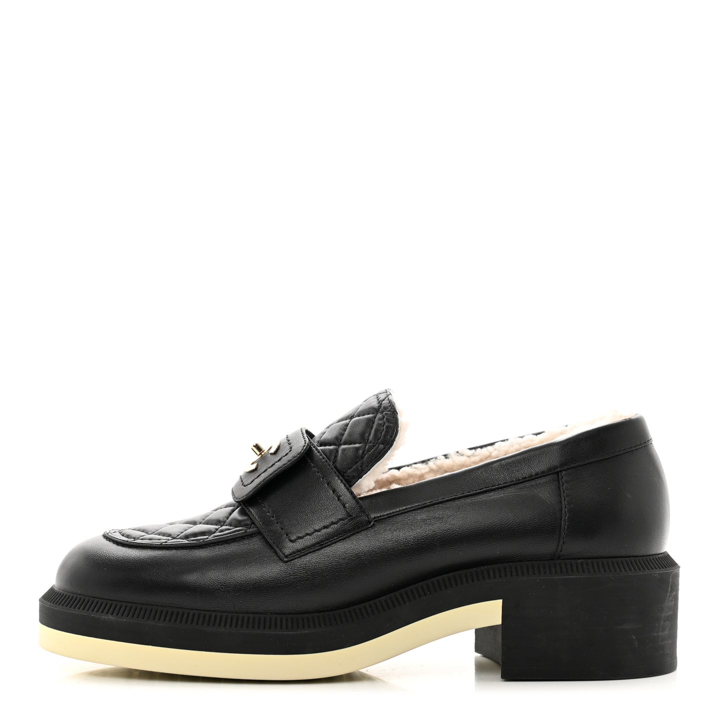 Lambskin Shearling Quilted CC Turnlock Loafers 38.5 Black