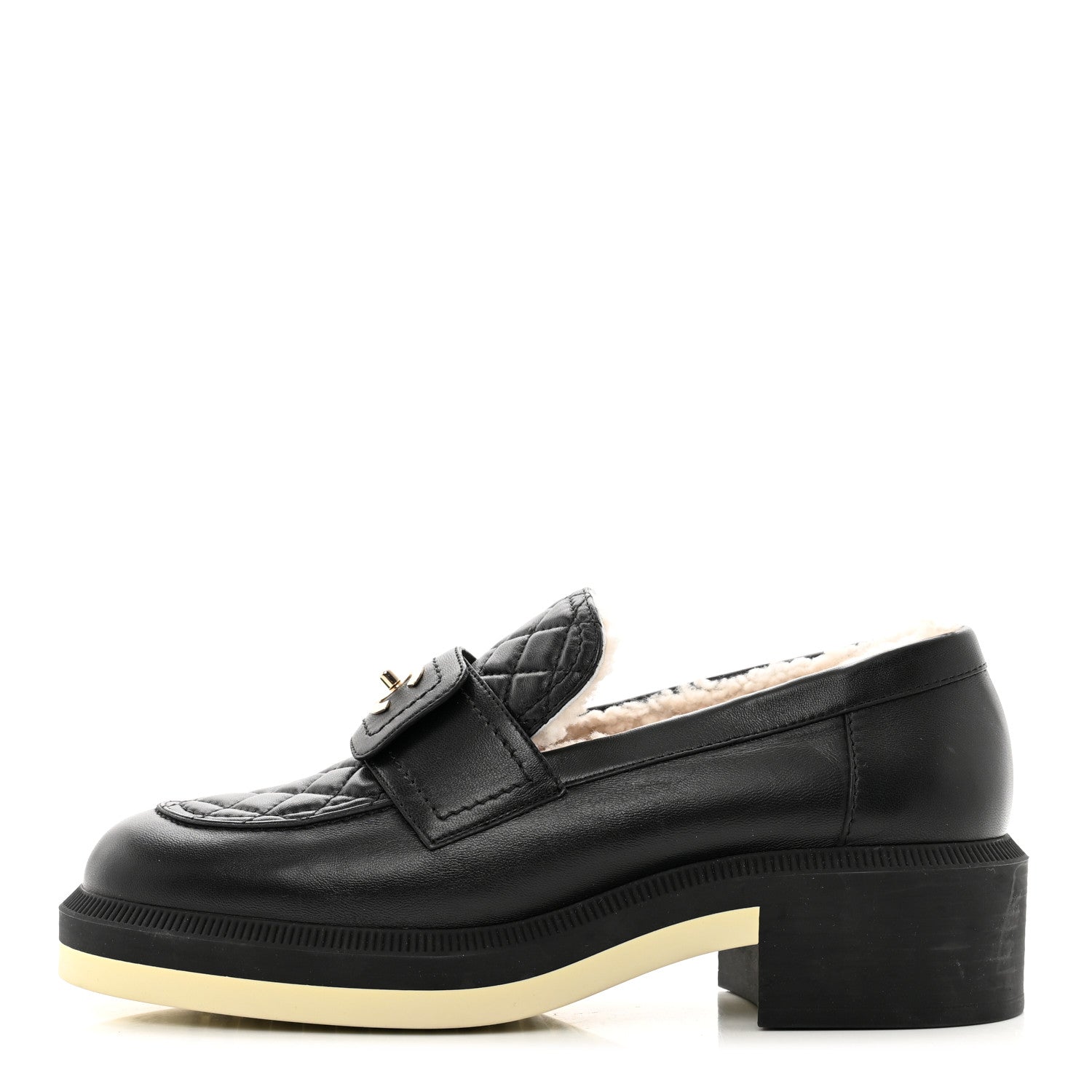 Chanel Lambskin Shearling Quilted CC Turnlock Loafers 38.5 Black 1 of 8