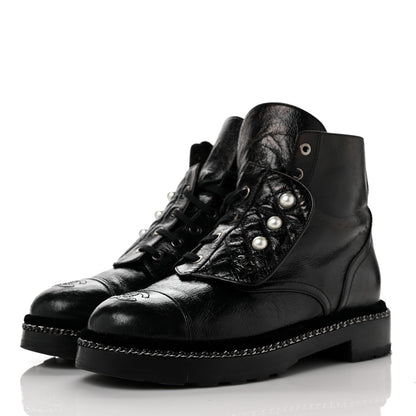 Chanel Crackled Calfskin Velvet Pearl Combat Short Boots 40 Black 3 of 7