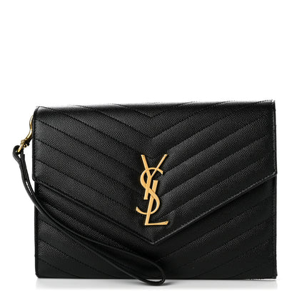 Saint Laurent Grain De Poudre Matelasse Chevron Monogram Envelope Clutch Black 1 of 9