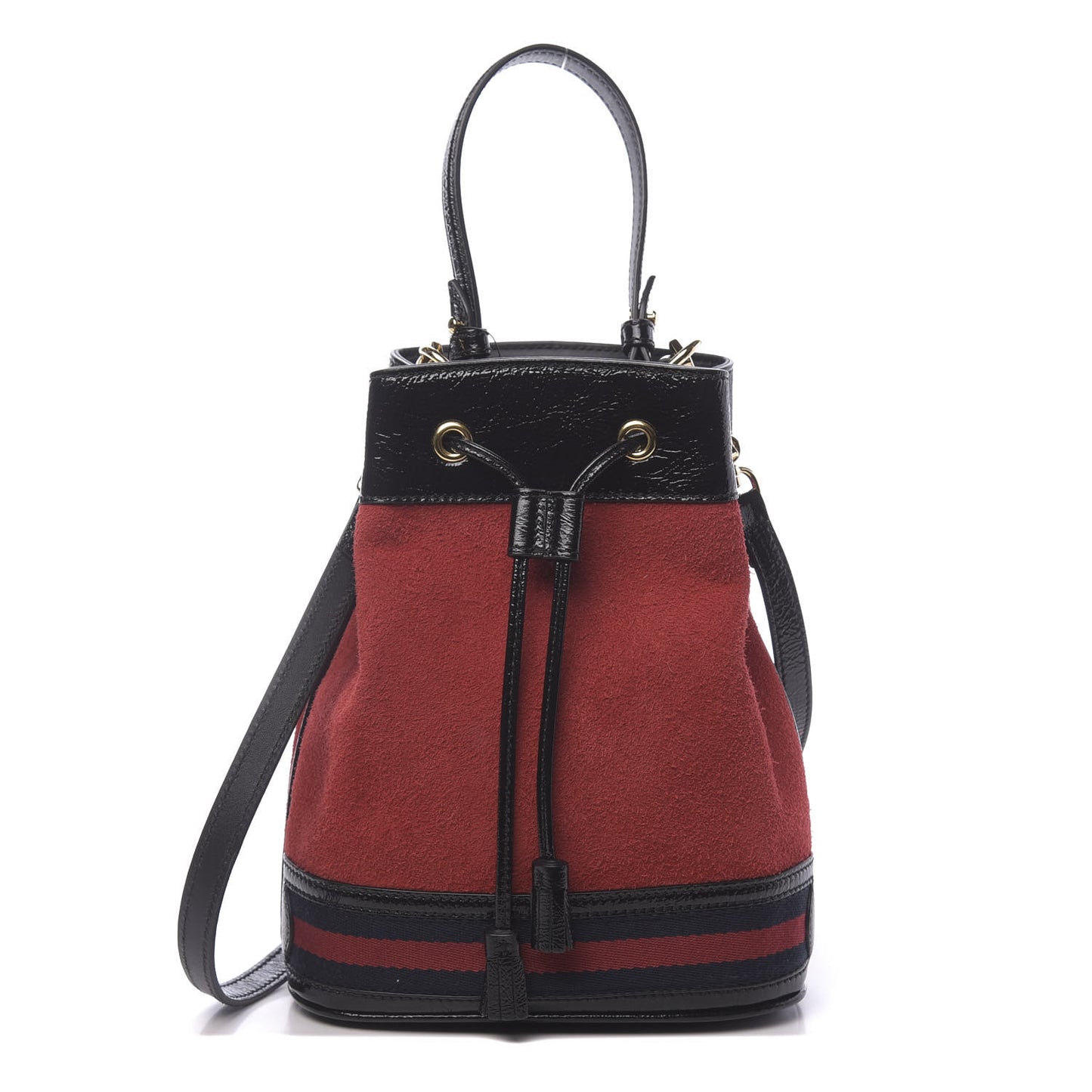 Suede Patent Web Small Ophidia Bucket Bag Hibiscus Red Black