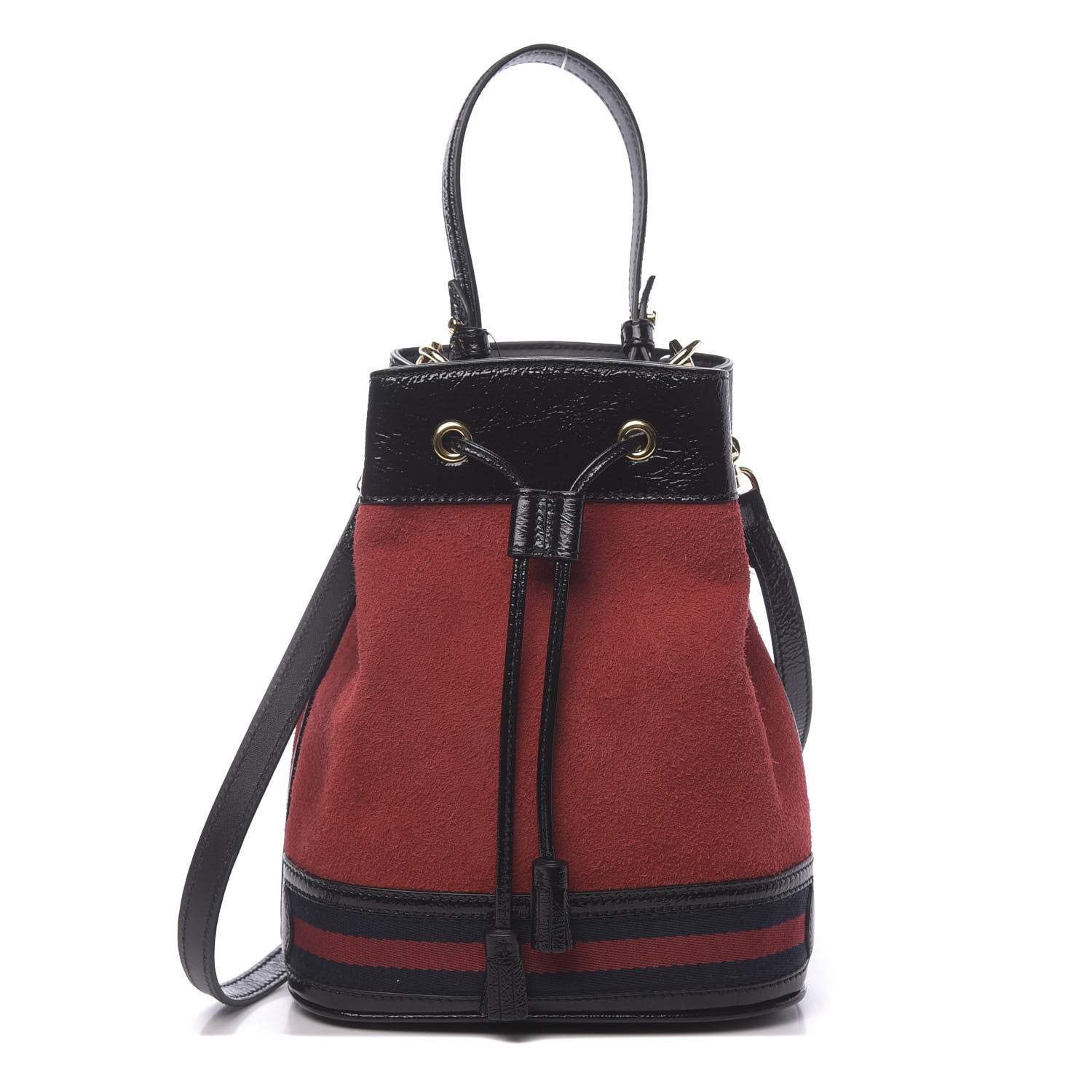 Gucci Suede Patent Web Small Ophidia Bucket Bag Hibiscus Red Black 1 of 10