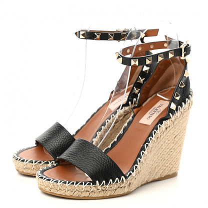 Valentino Garavani Grained Calfskin Rockstud Ankle Strap Espadrille 15/105mm Wedge Sandals 35 Black Light Cuir Natural 3 of 9