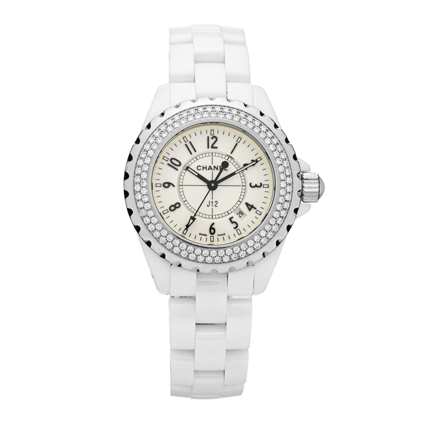 Stainless Steel Ceramic Diamond Pave Bezel 33mm J12 Quartz Watch White