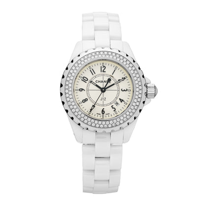 Chanel Stainless Steel Ceramic Diamond Pave Bezel 33mm J12 Quartz Watch White 1 of 4