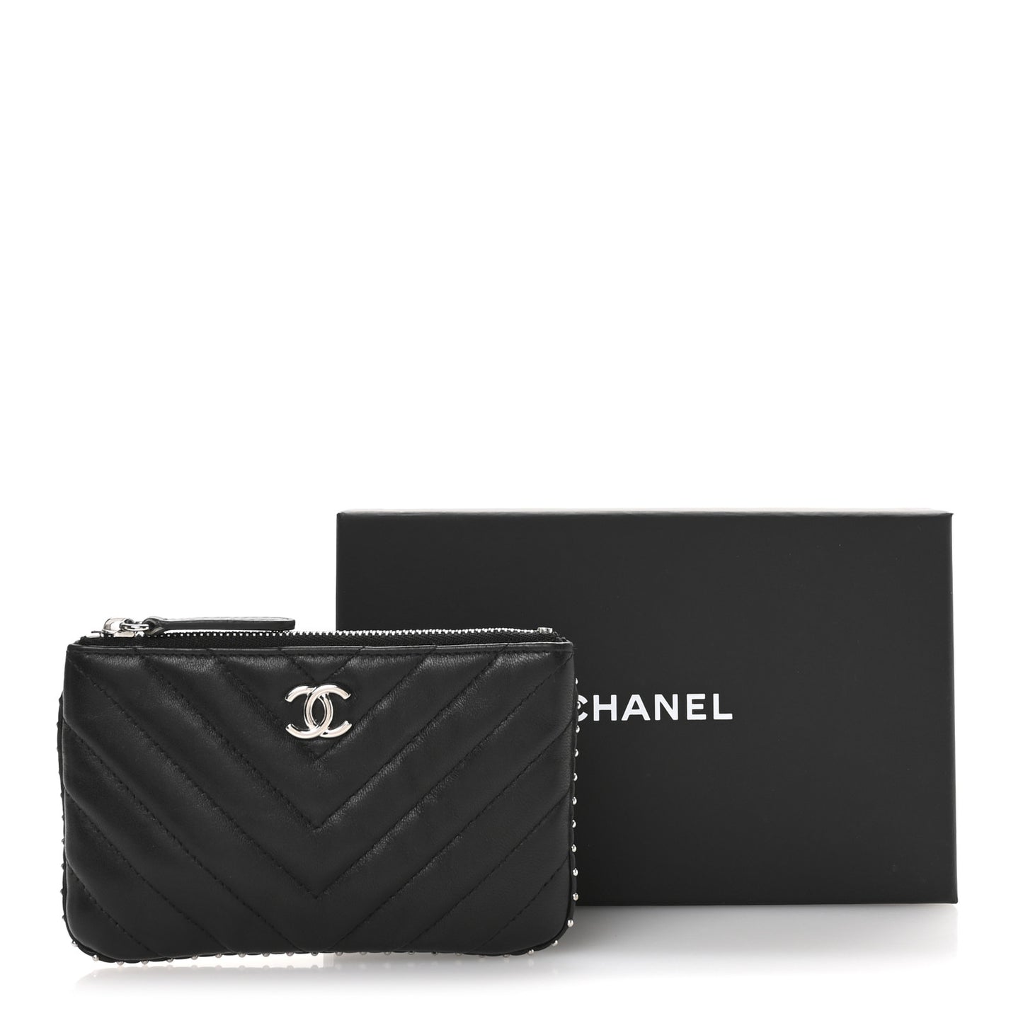 Lambskin Chevron Quilted Studded Small Cosmetic Case Black