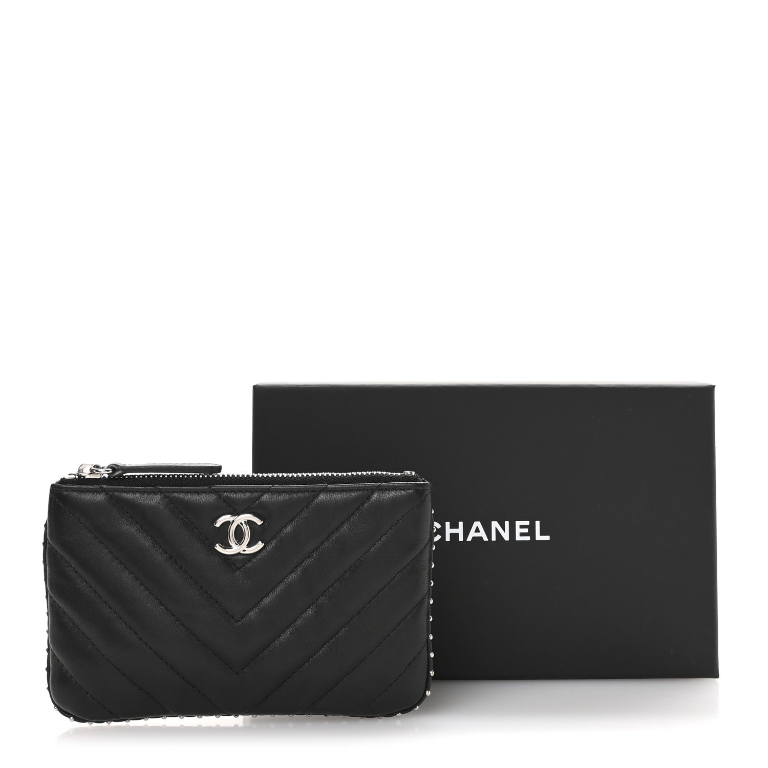 Chanel Lambskin Chevron Quilted Studded Small Cosmetic Case Black 8 of 8