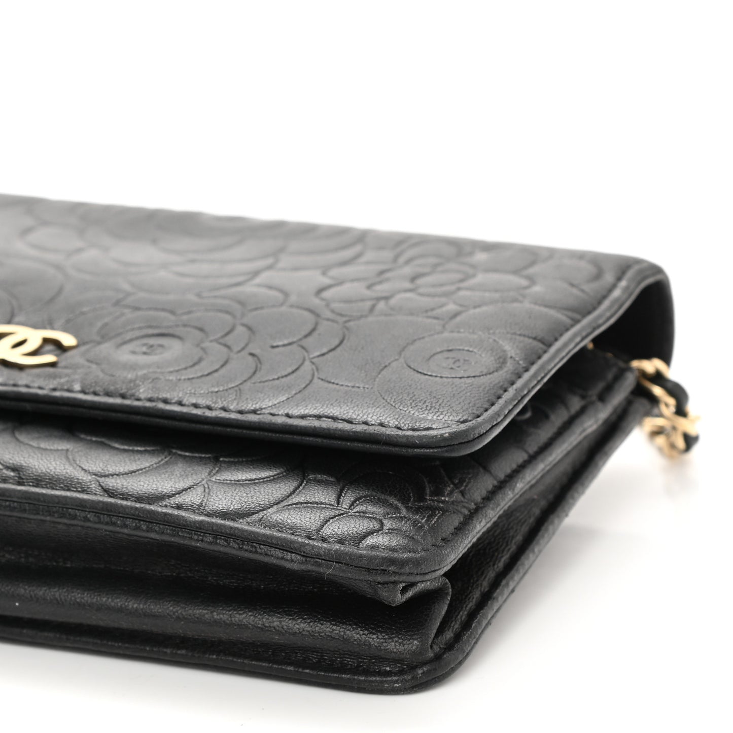 Lambskin Camellia Embossed Wallet on Chain WOC Black