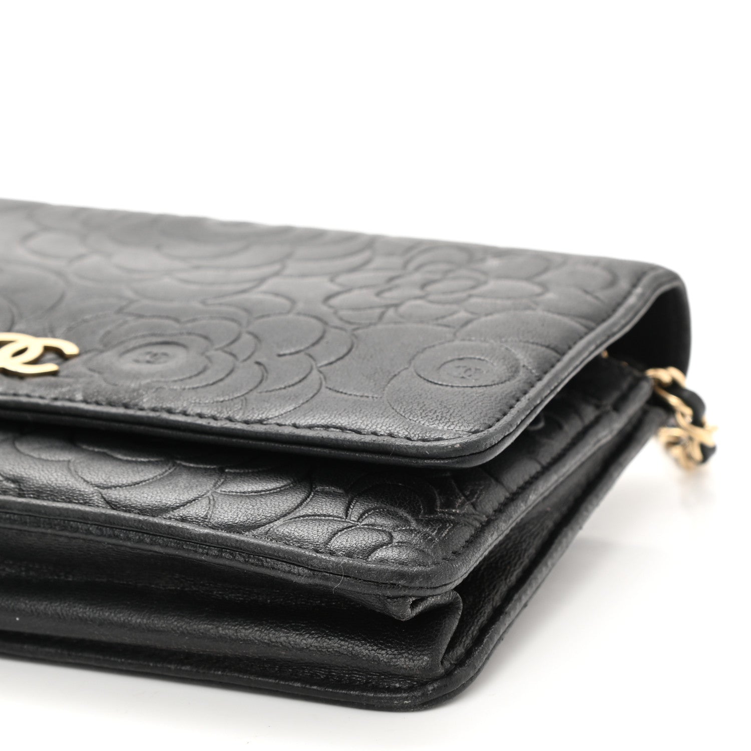 Chanel Lambskin Camellia Embossed Wallet on Chain WOC Black 11 of 12