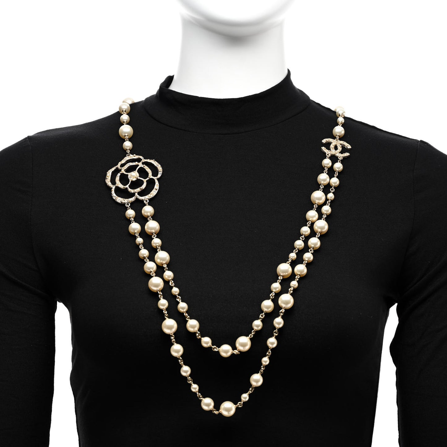 Crystal Pearl CC Camellia Long Necklace Gold