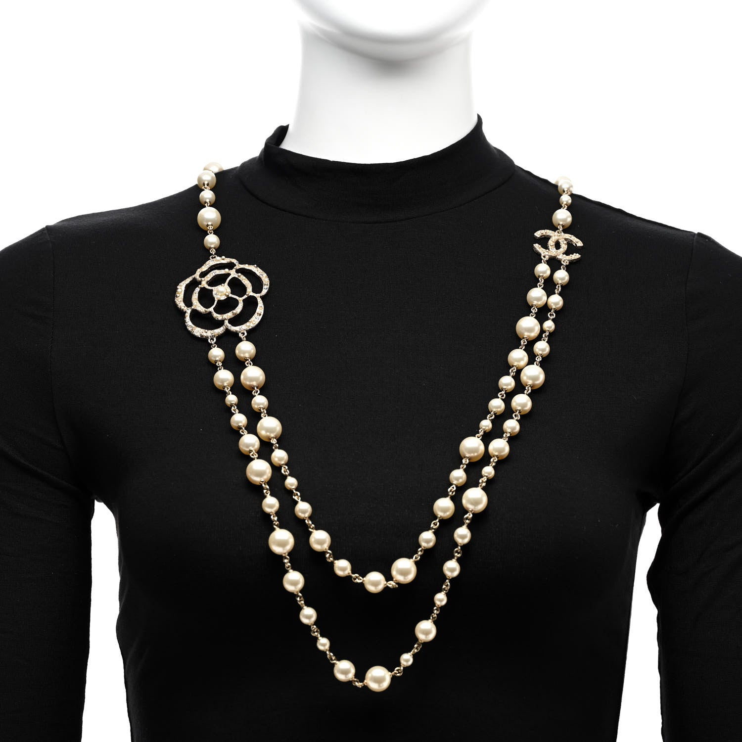 Chanel Crystal Pearl CC Camellia Long Necklace Gold 2 of 7