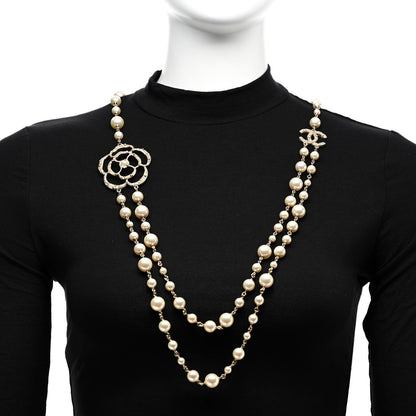 Chanel Crystal Pearl CC Camellia Long Necklace Gold 2 of 7