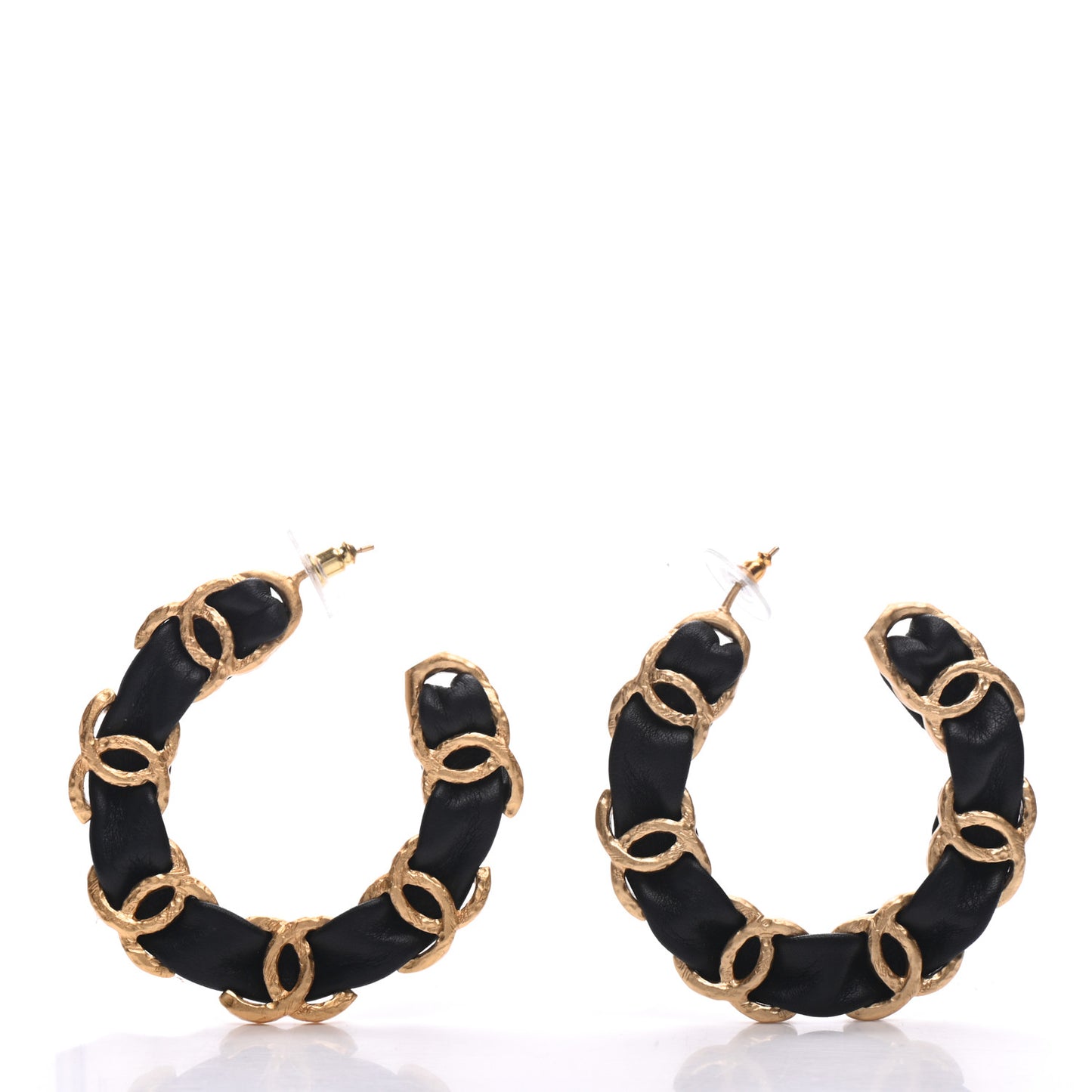 Lambskin CC Chain Hoop Earrings Gold Black