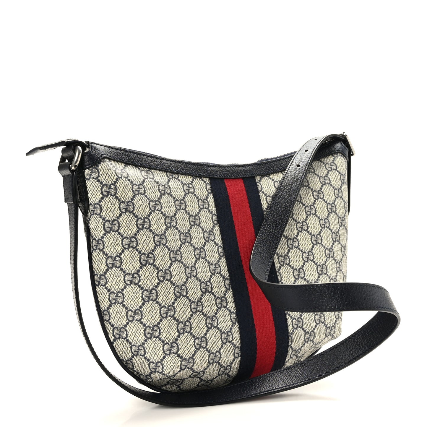 GG Supreme Monogram Textured Dollar Calfskin Web Small Ophidia Half Moon Hobo Beige Blue