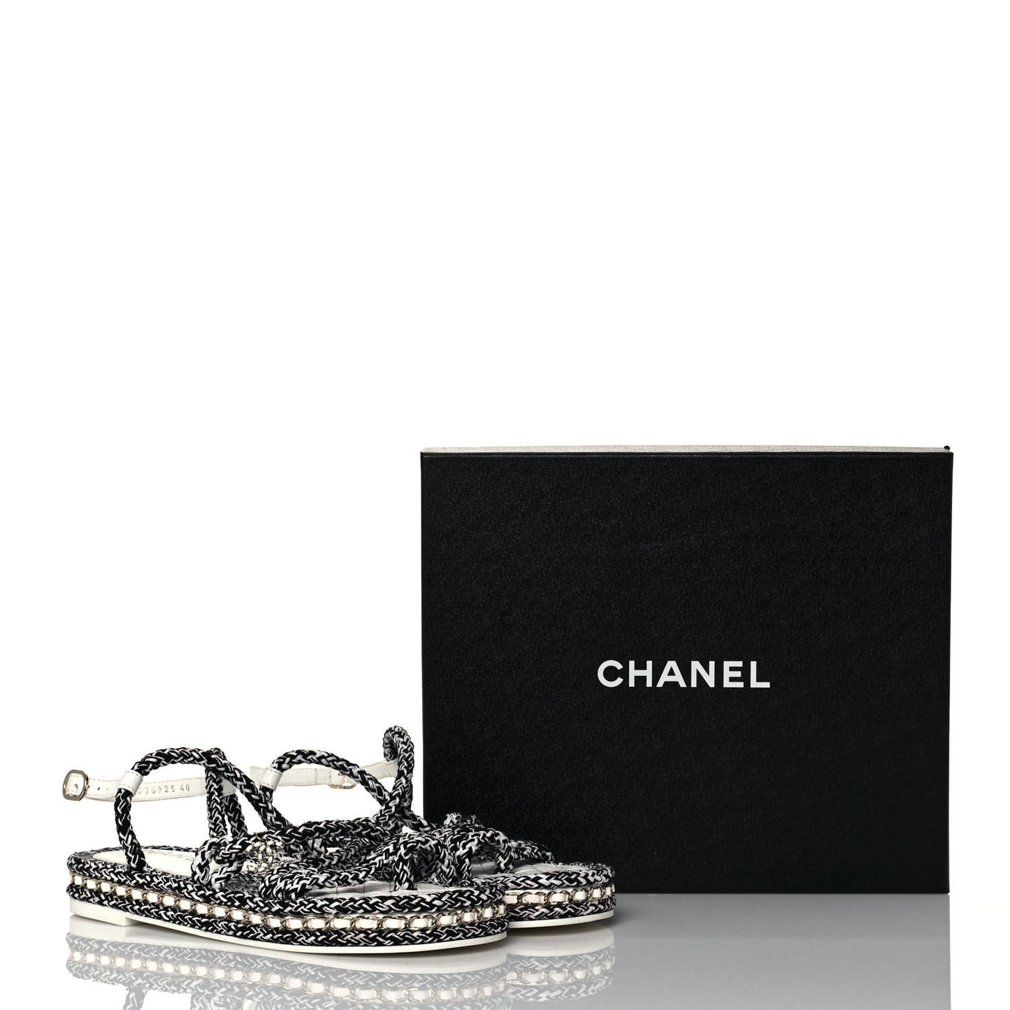 Lambskin Cord Chain CC Sandals 40 Navy White