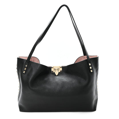 Valentino Garavani Grained Calfskin Small Rockstud Flip Lock Tote Black Rose Quartz 1 of 9