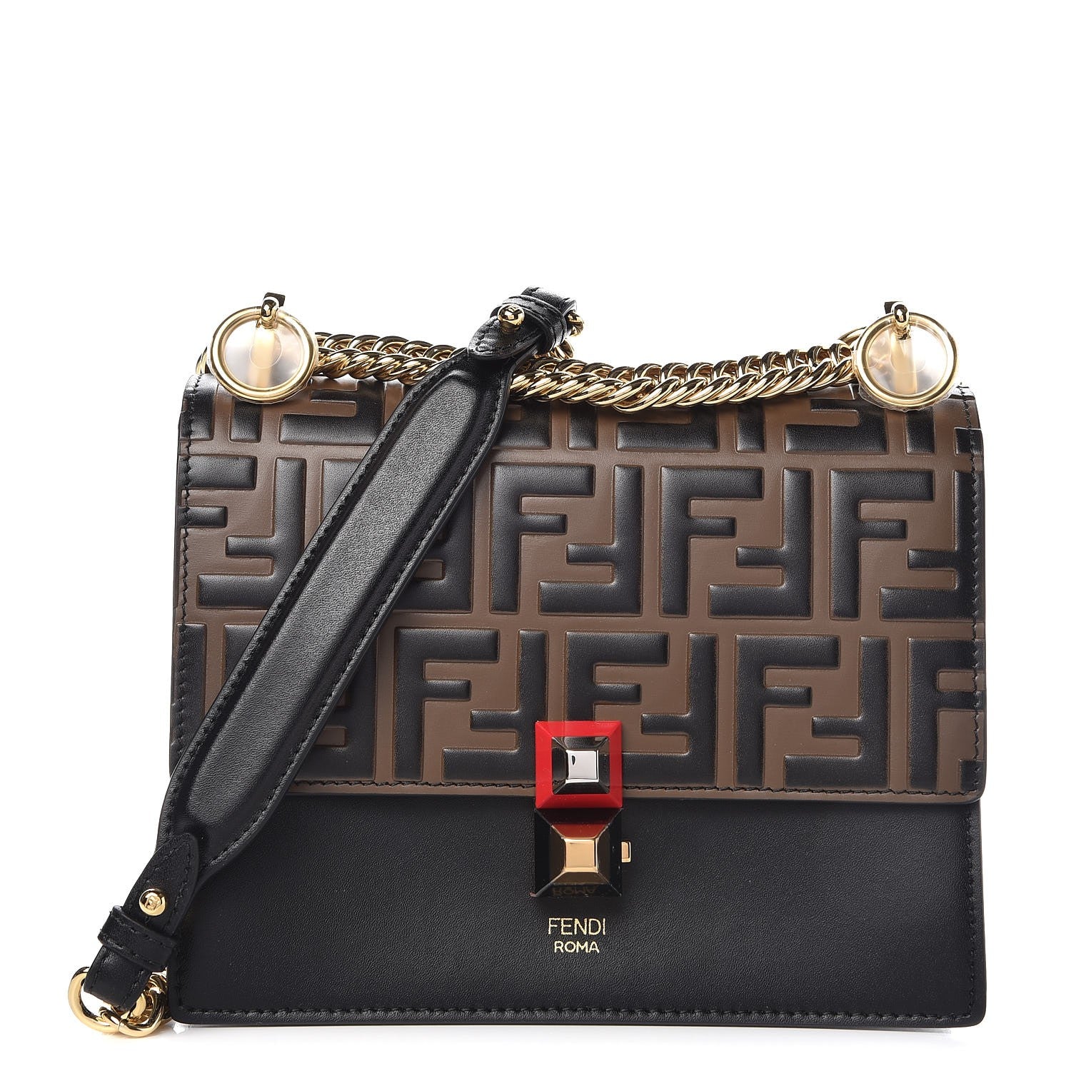 Fendi Vitello Liberty Bi-Color FF 1974 Embossed Small Kan I Shoulder Bag Black Maya 1 of 7