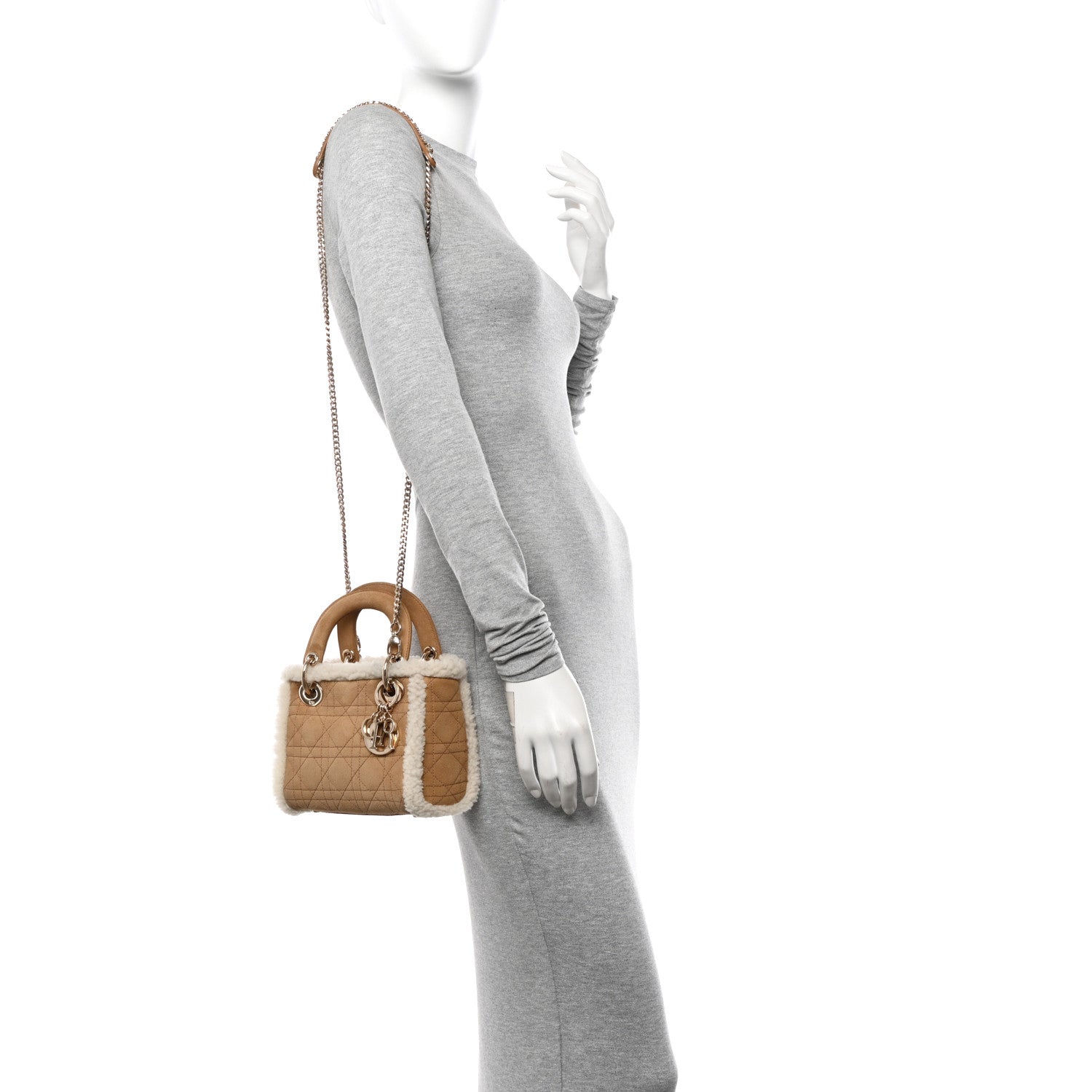 Christian Dior Suede Shearling Cannage Mini Lady Dior Camel 2 of 10