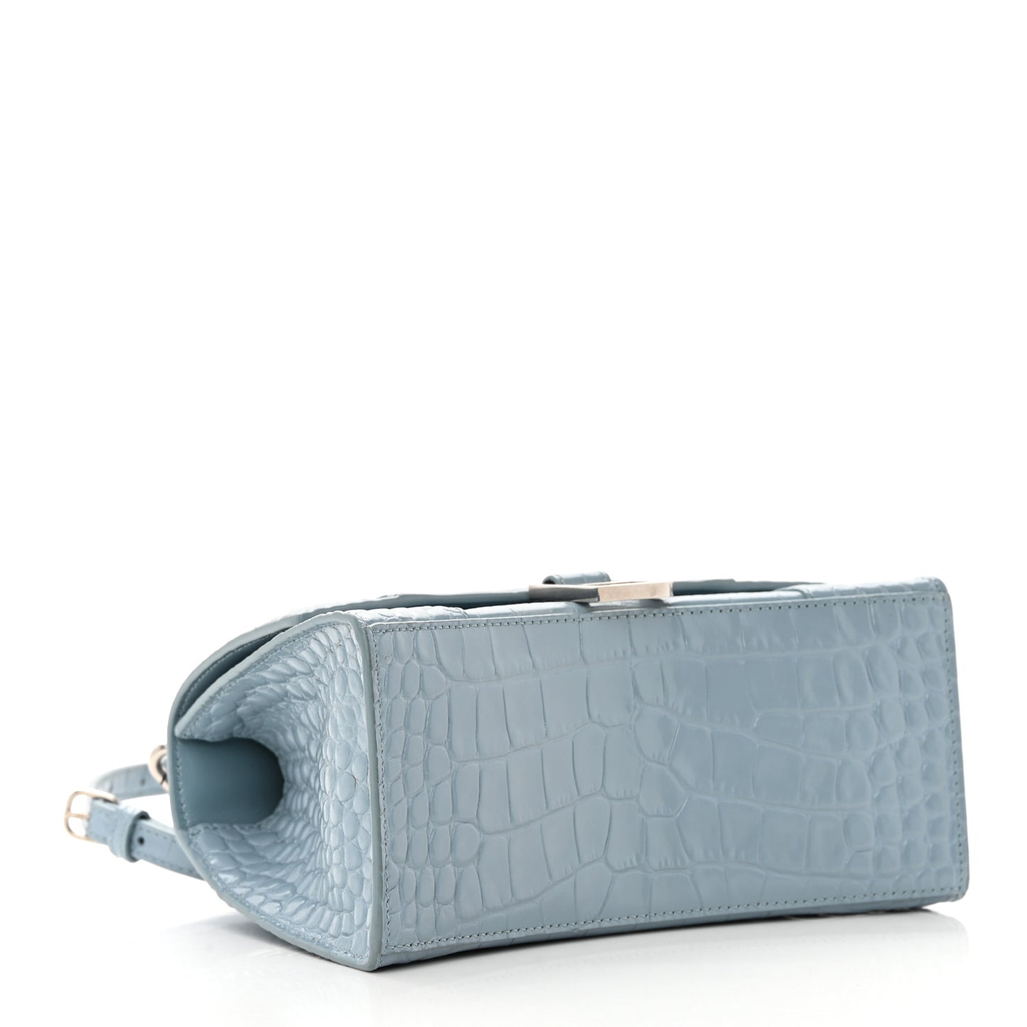 Shiny Calfskin Crocodile Embossed Small Hourglass Top Handle Bag Blue Grey