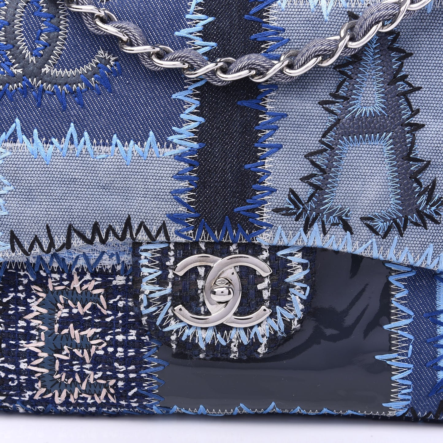 Denim Tweed Patchwork Jumbo Single Flap Blue