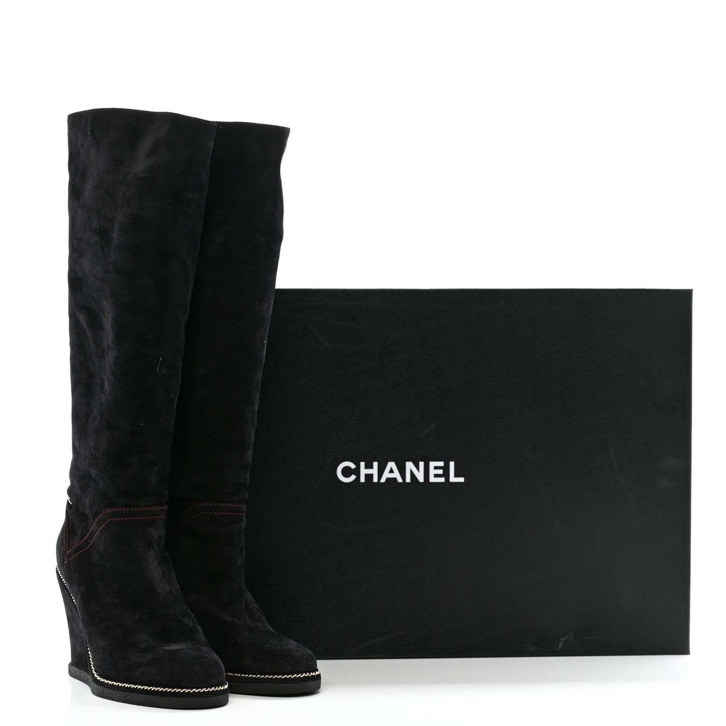 Suede Calfskin Chain Around High Boots 41 Black