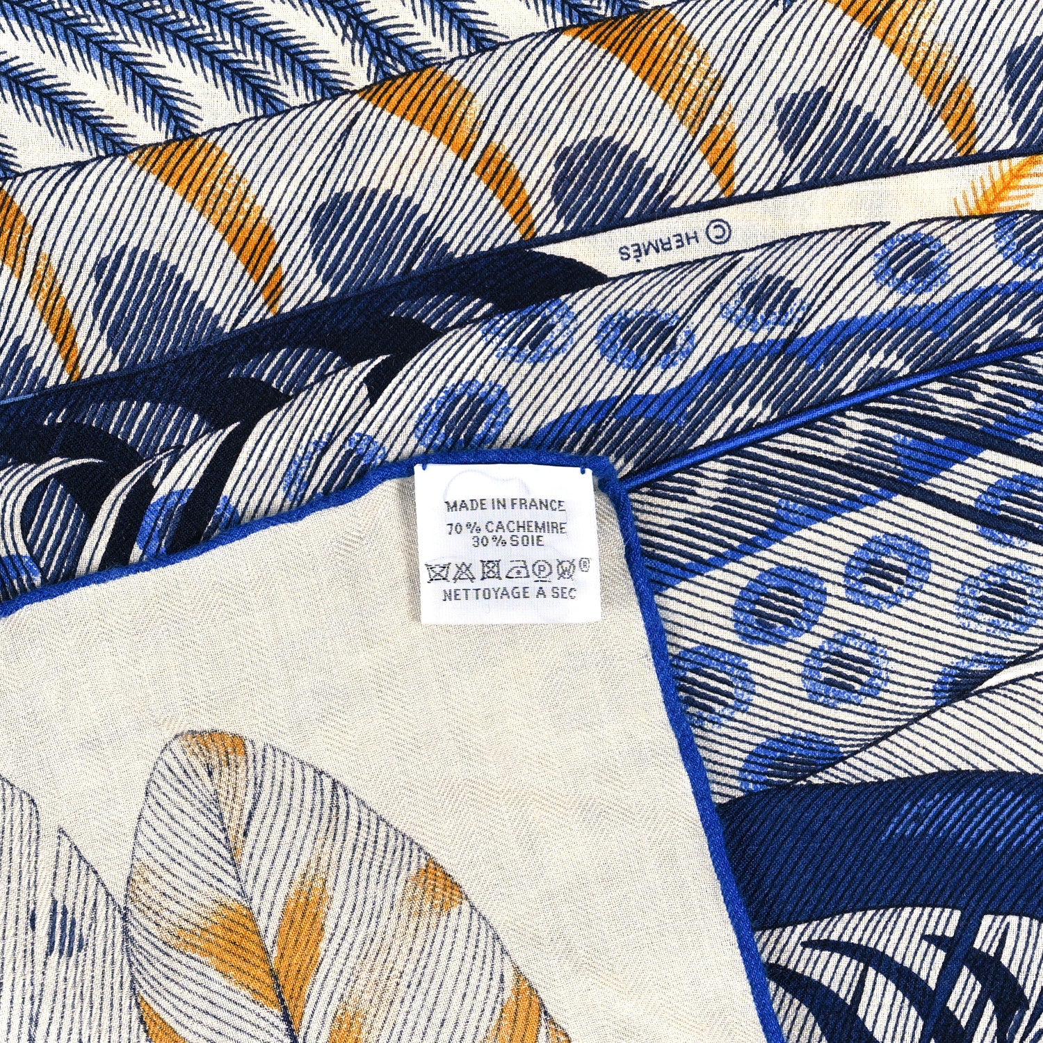 Hermes Cashmere Silk Plumes En Fete Shawl 140 White Bleu Gold 3 of 3