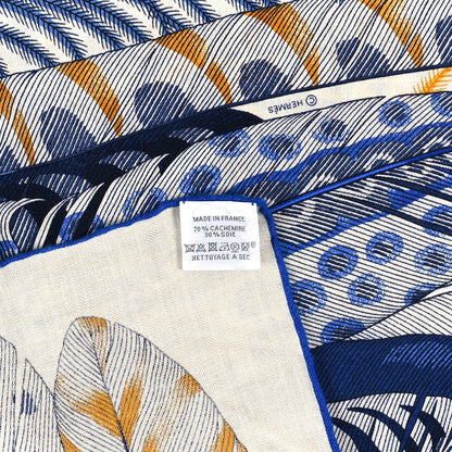 Hermes Cashmere Silk Plumes En Fete Shawl 140 White Bleu Gold 3 of 3
