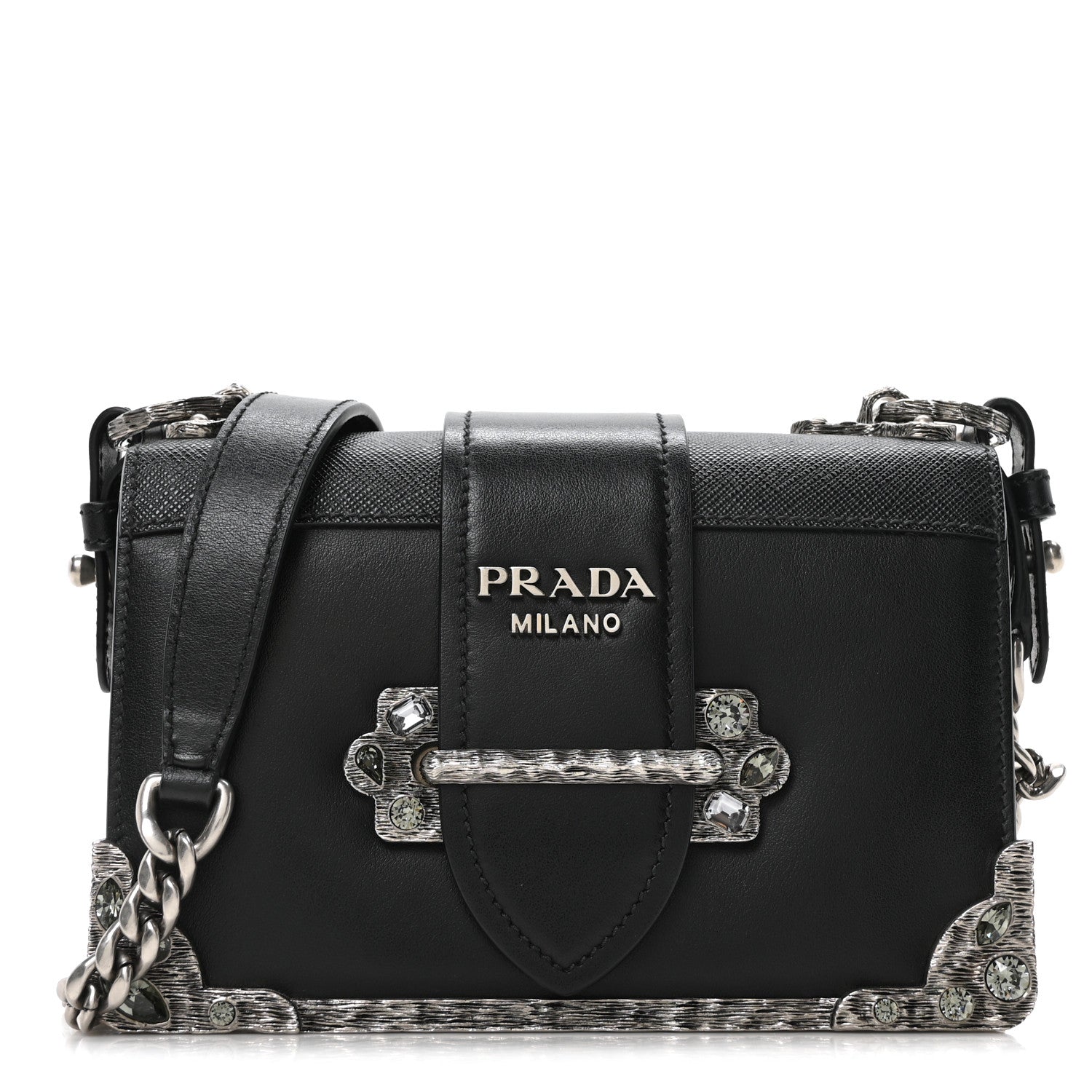 Prada Crystal City Calf Saffiano Cahier Shoulder Bag Black 1 of 9