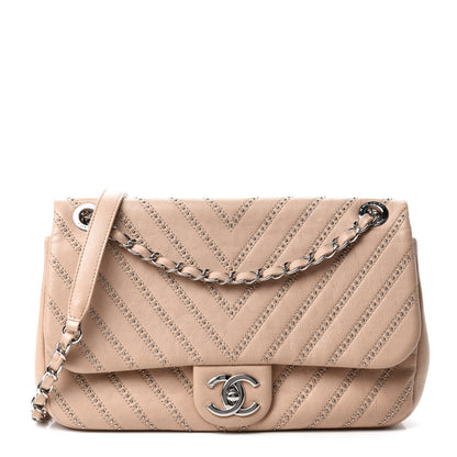 Chanel Calfskin Studded Chevron Quilted Medium Wars Flap Beige 1 of 12
