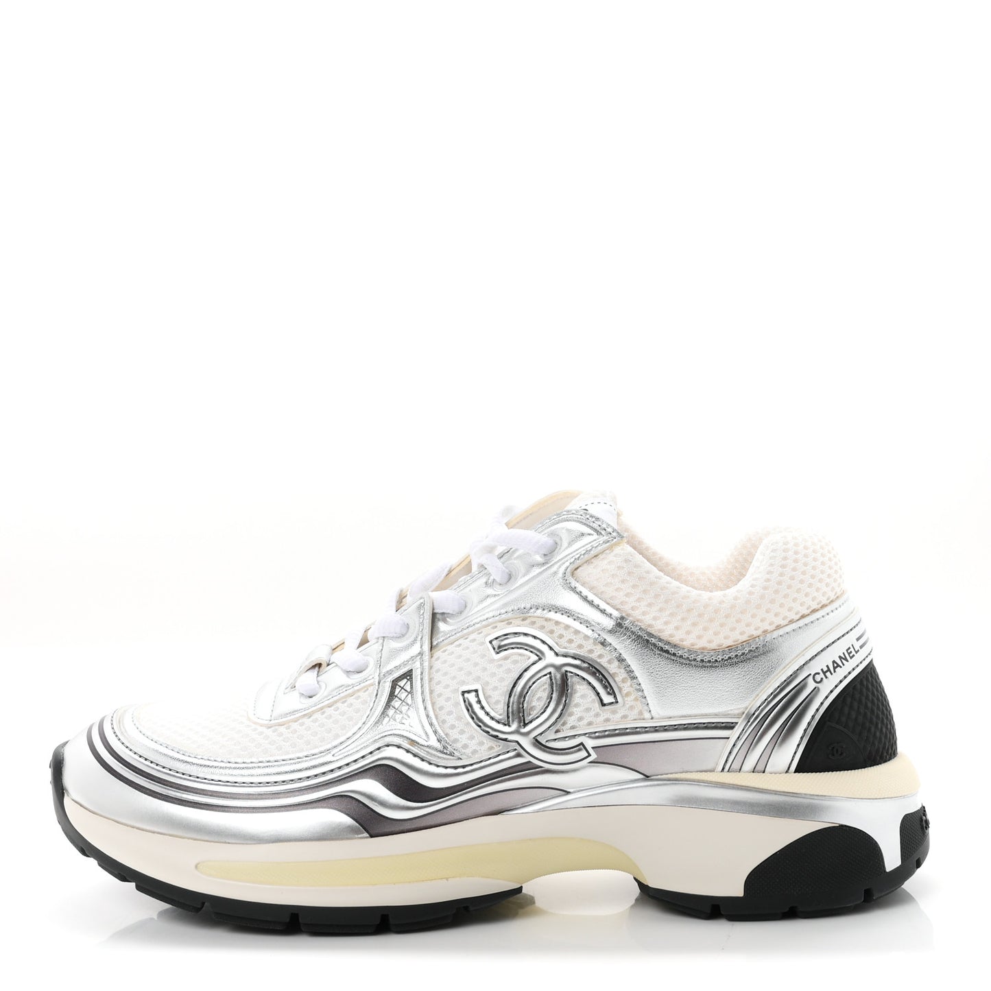 Fabric Laminated Calfskin Stretch CC Womens Sneakers 38 White Silver