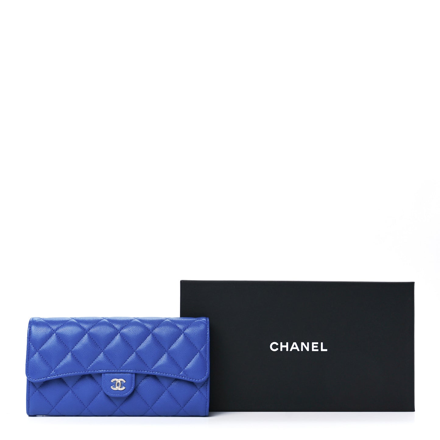 Caviar Quilted Large Gusset Flap Wallet Blue