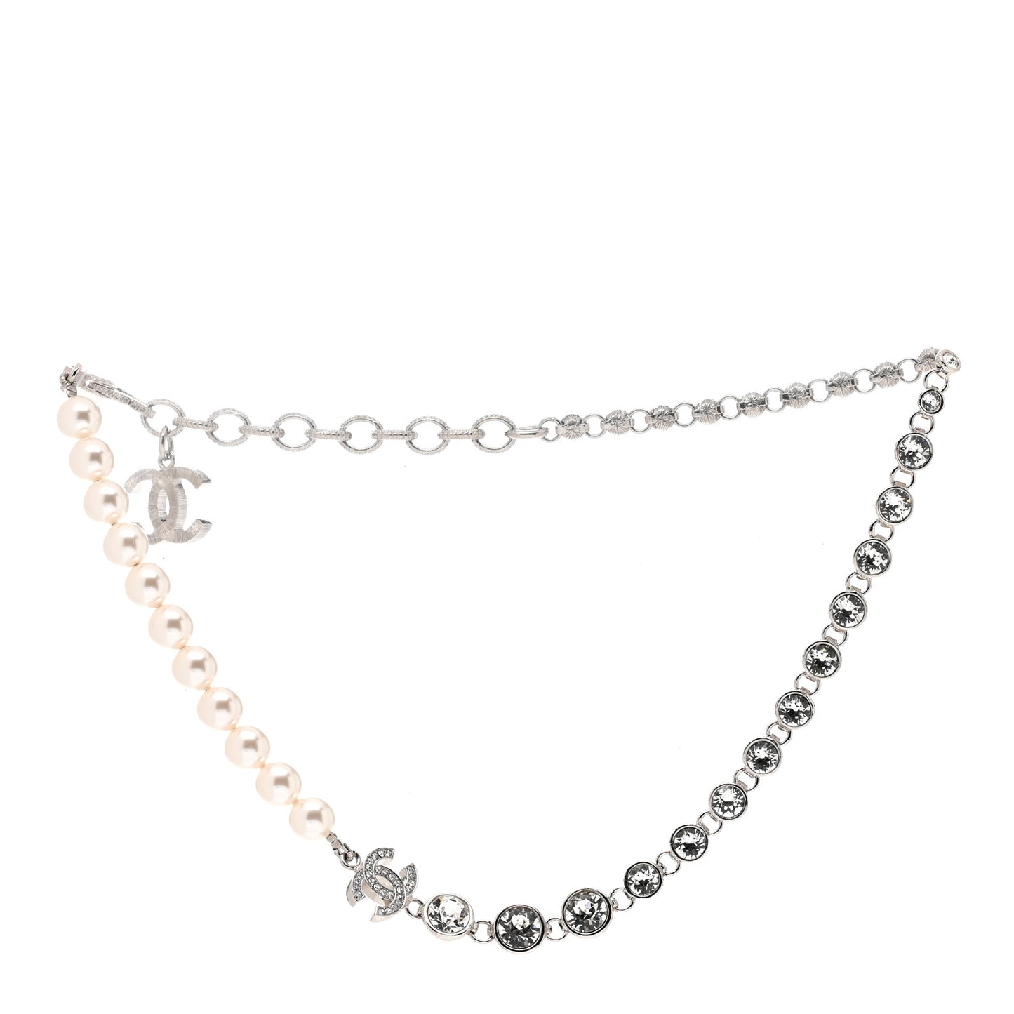 Pearl Crystal CC Choker Necklace Silver