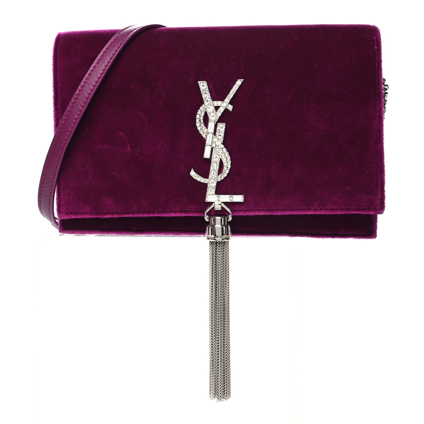 Velvet Crystal Monogram Kate Tassel Shoulder Bag Fuchsia