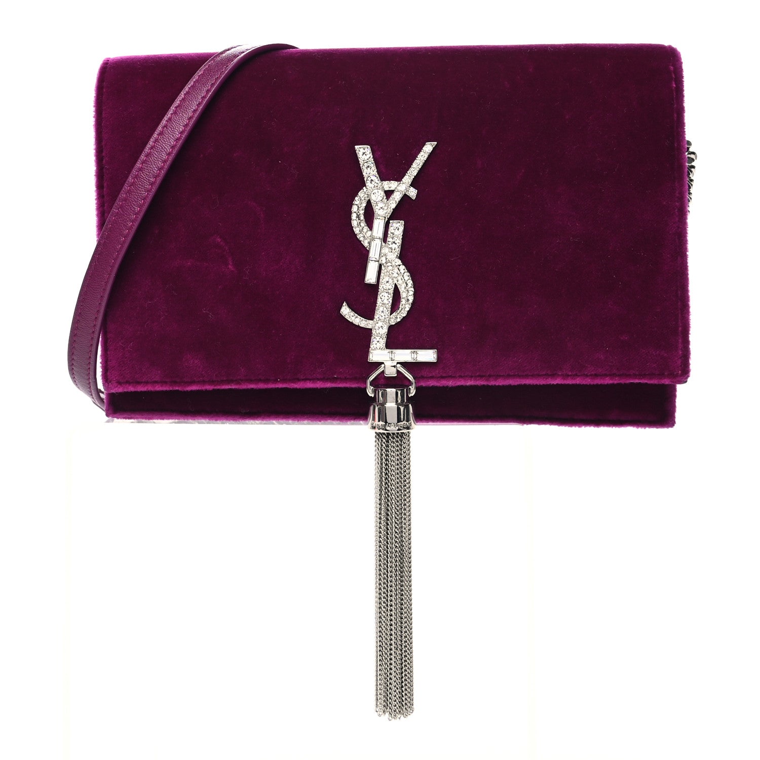 Saint Laurent Velvet Crystal Monogram Kate Tassel Shoulder Bag Fuchsia 1 of 11