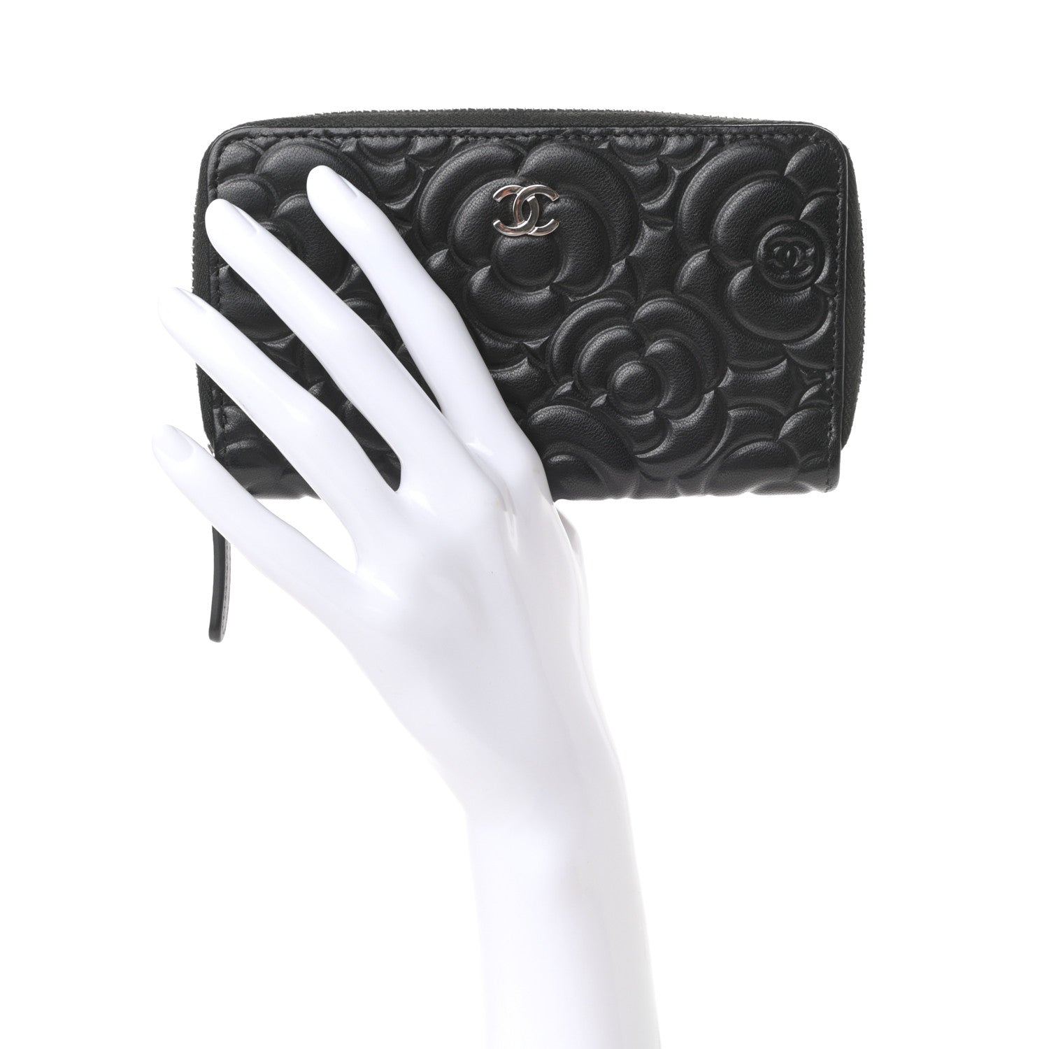 Chanel Goatskin Camellia Embossed Medium Zip Around Wallet Black 2 of 8