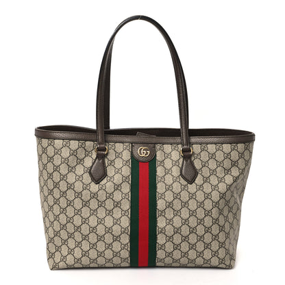 Gucci GG Supreme Monogram Textured Calfskin Web Medium Ophidia Shopping Tote Beige Ebony New Acero 1 of 11
