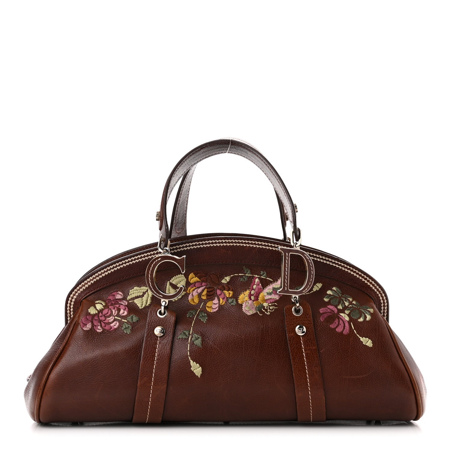 Christian Dior Grained Calfskin Romantic Flowers Frame Satchel Brown 1 of 11