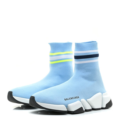 Balenciaga Technical 3D Recycled Knit Striped Womens Speed 2.0 Sneakers 38 Airy Blue Navy Fluorescent Yellow 3 of 7