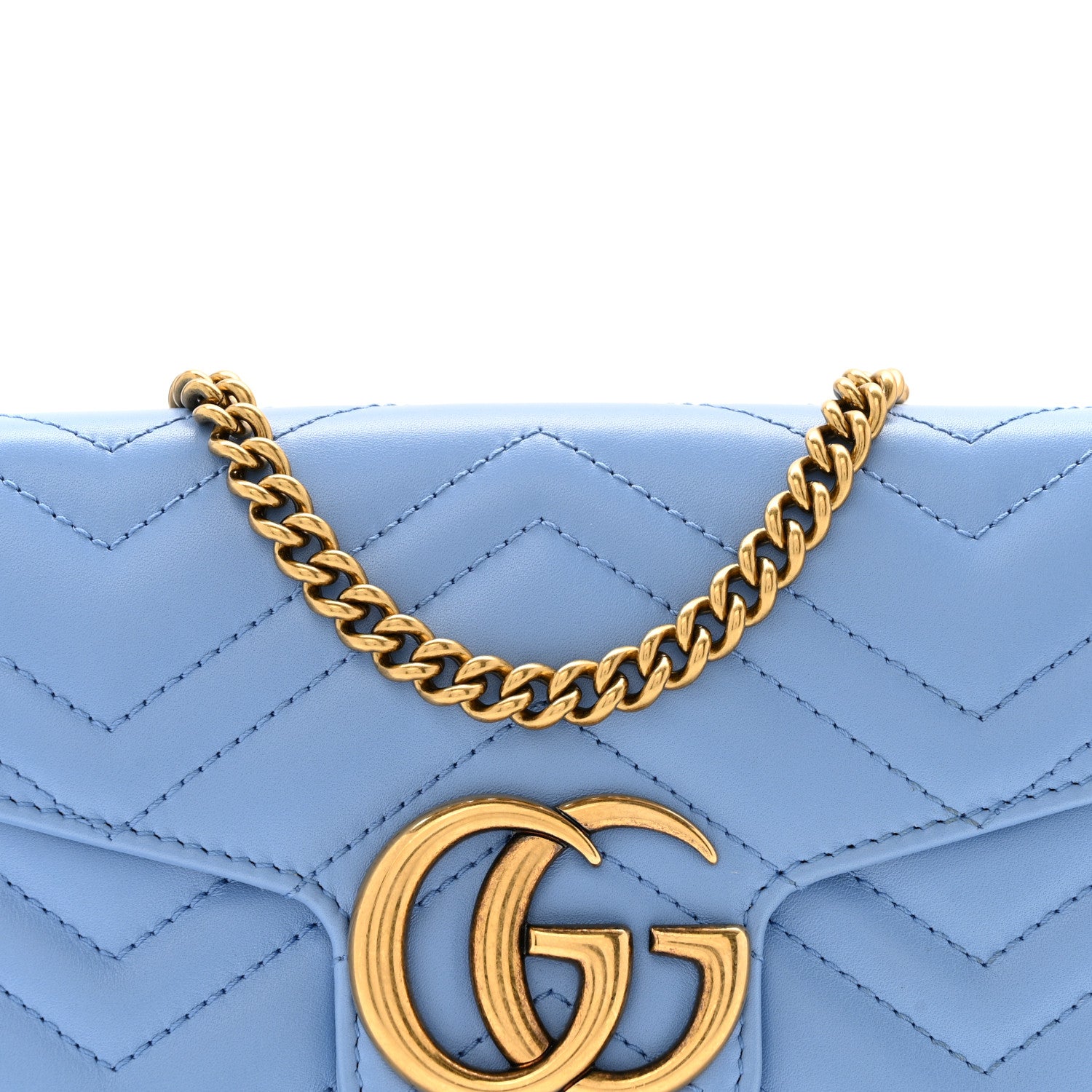 Gucci Calfskin Matelasse Mini GG Marmont Chain Wallet Clear Sky
