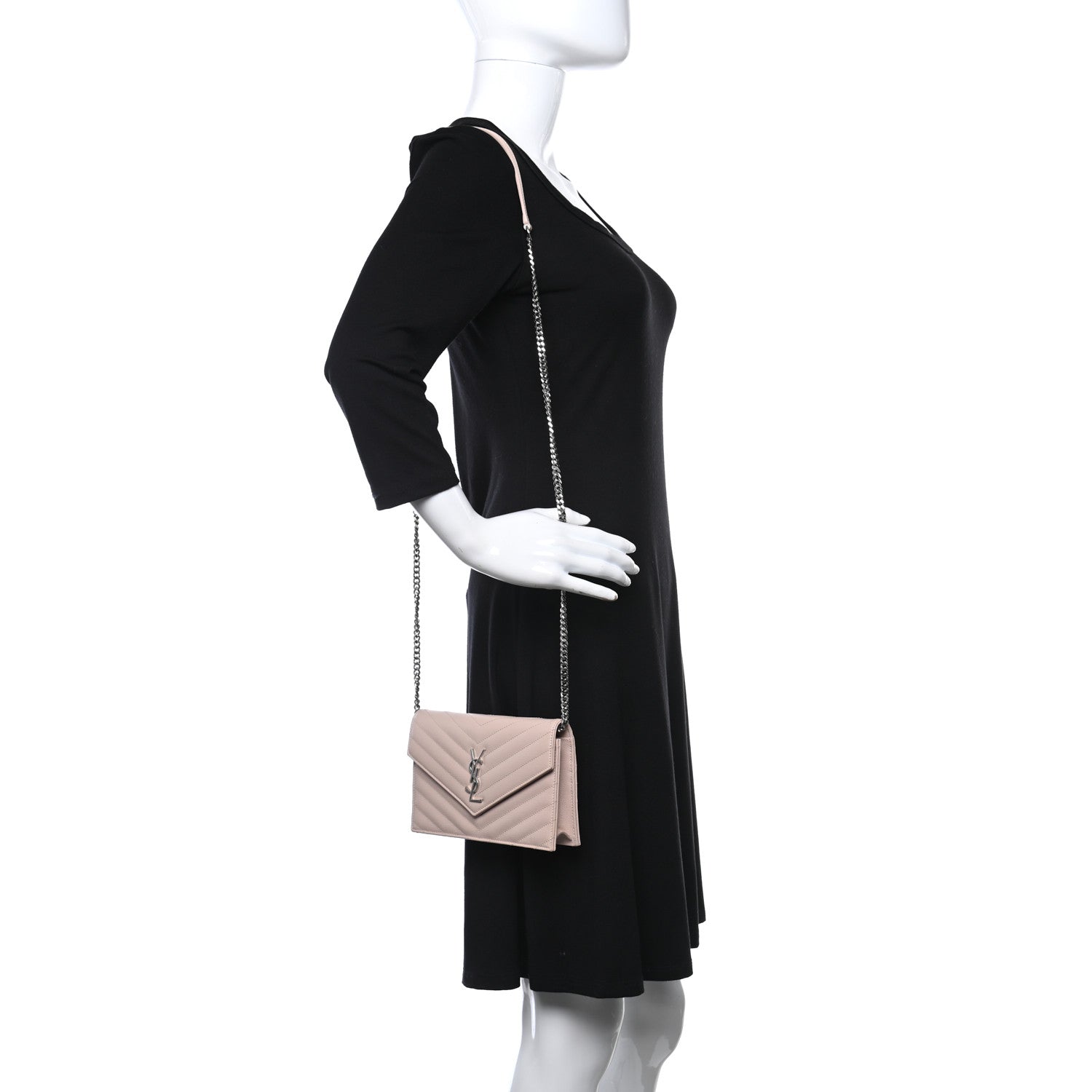 Saint Laurent Grain De Poudre Matelasse Chevron Monogram Envelope Chain Wallet Marble Pink 3 of 8